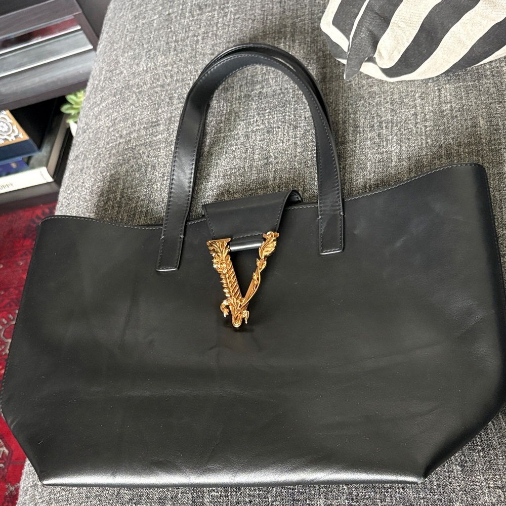 Versace Black Tote with Gold V Accent